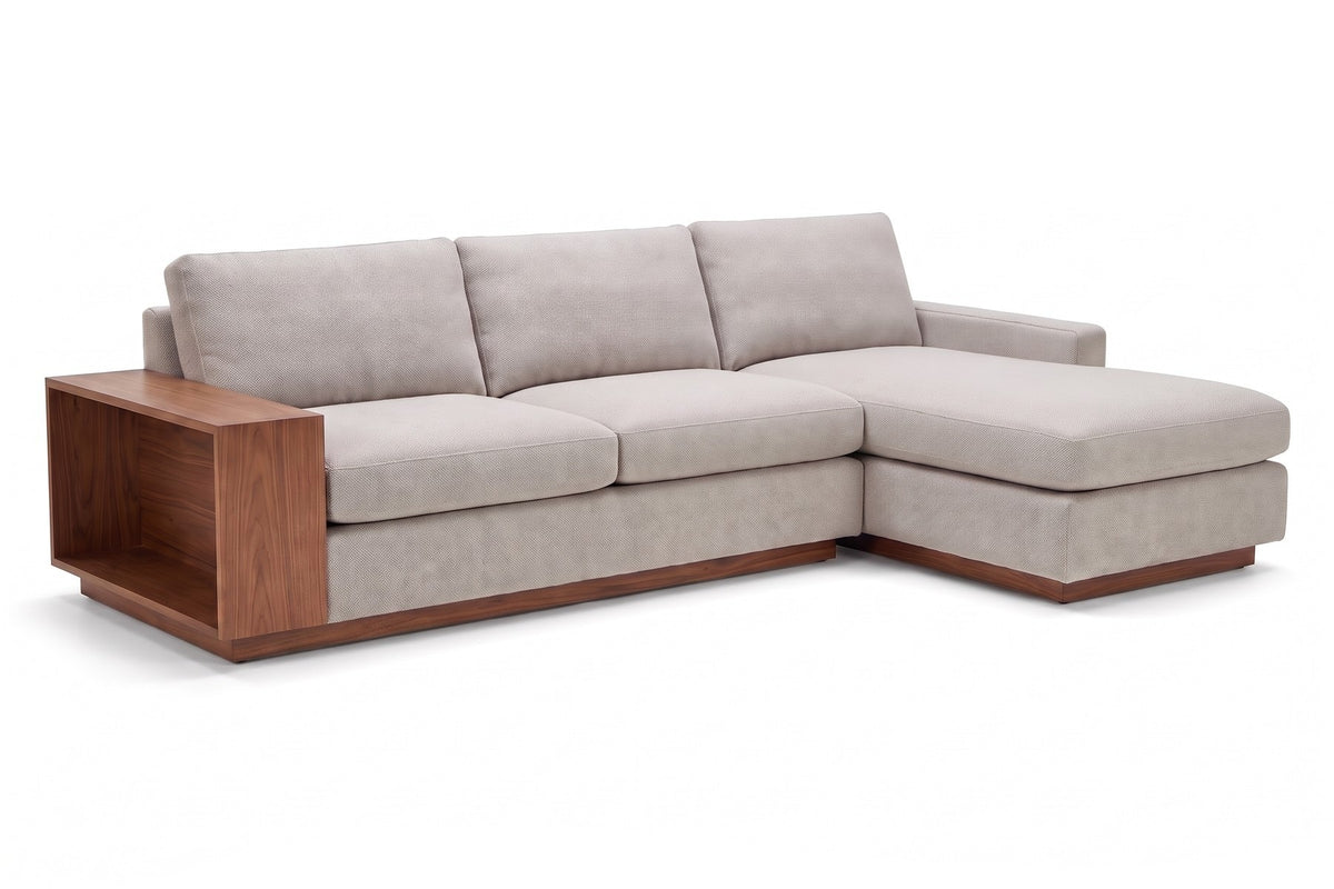 Biarritz 126" Low Chaise Sectional with Built-In Walnut Side Table – Right or Left Chaise