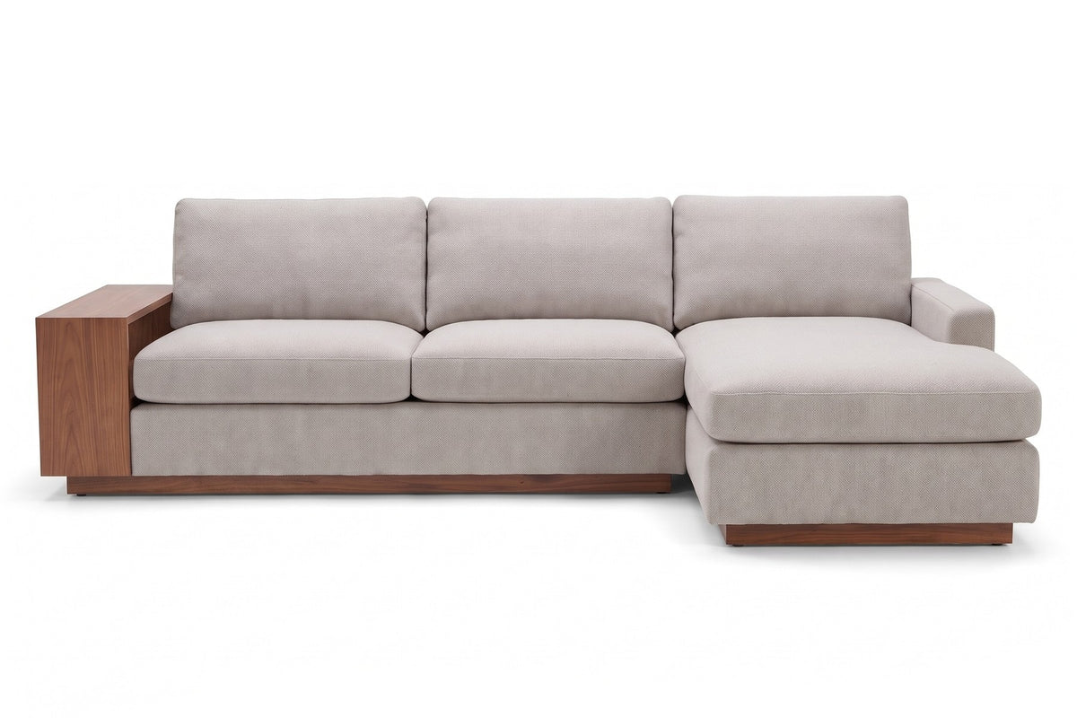 Biarritz Low Chaise Sectional with Walnut Side Table in Stone, front view on white