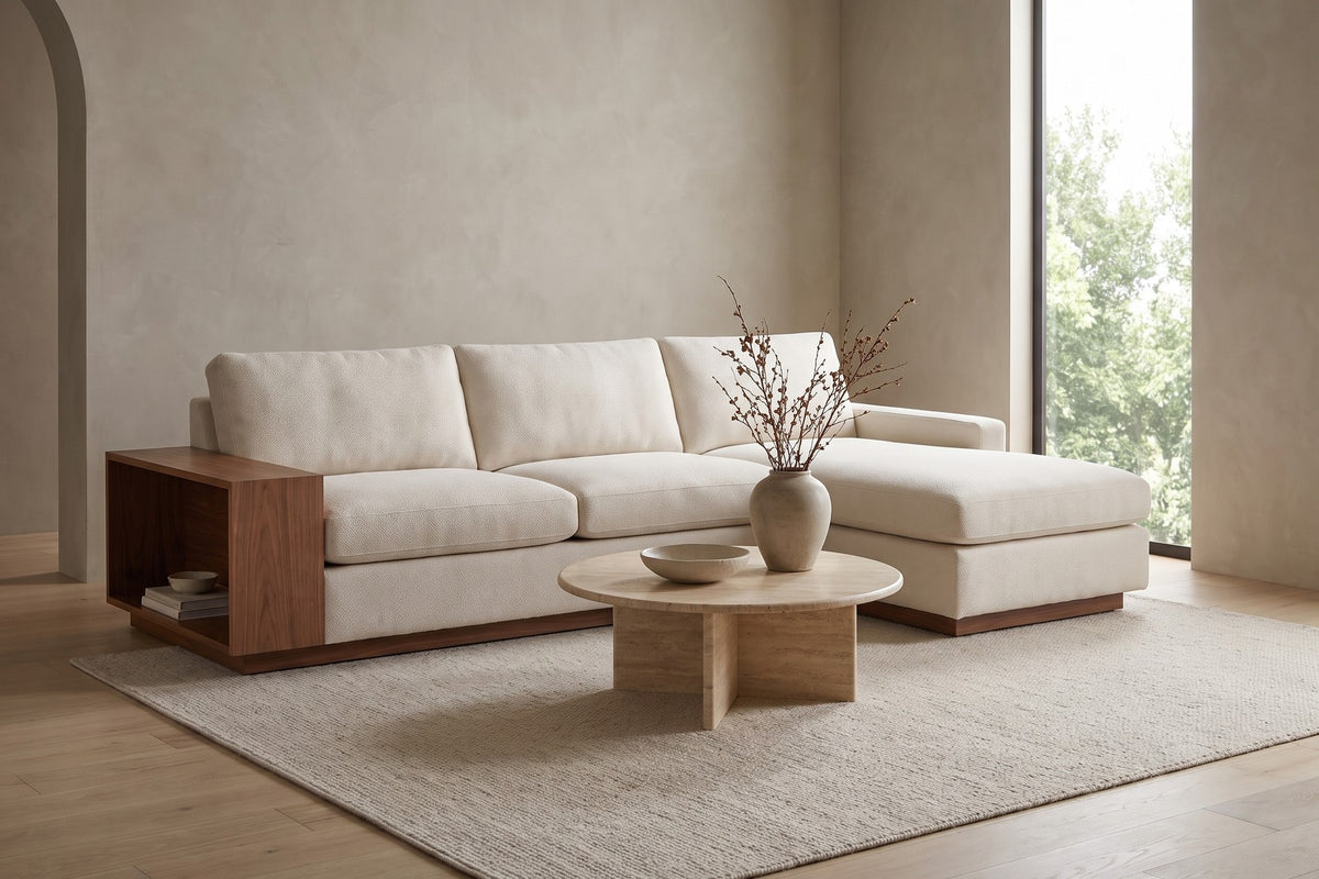 Biarritz 126" Low Chaise Sectional with Built-In Walnut Side Table – Right or Left Chaise