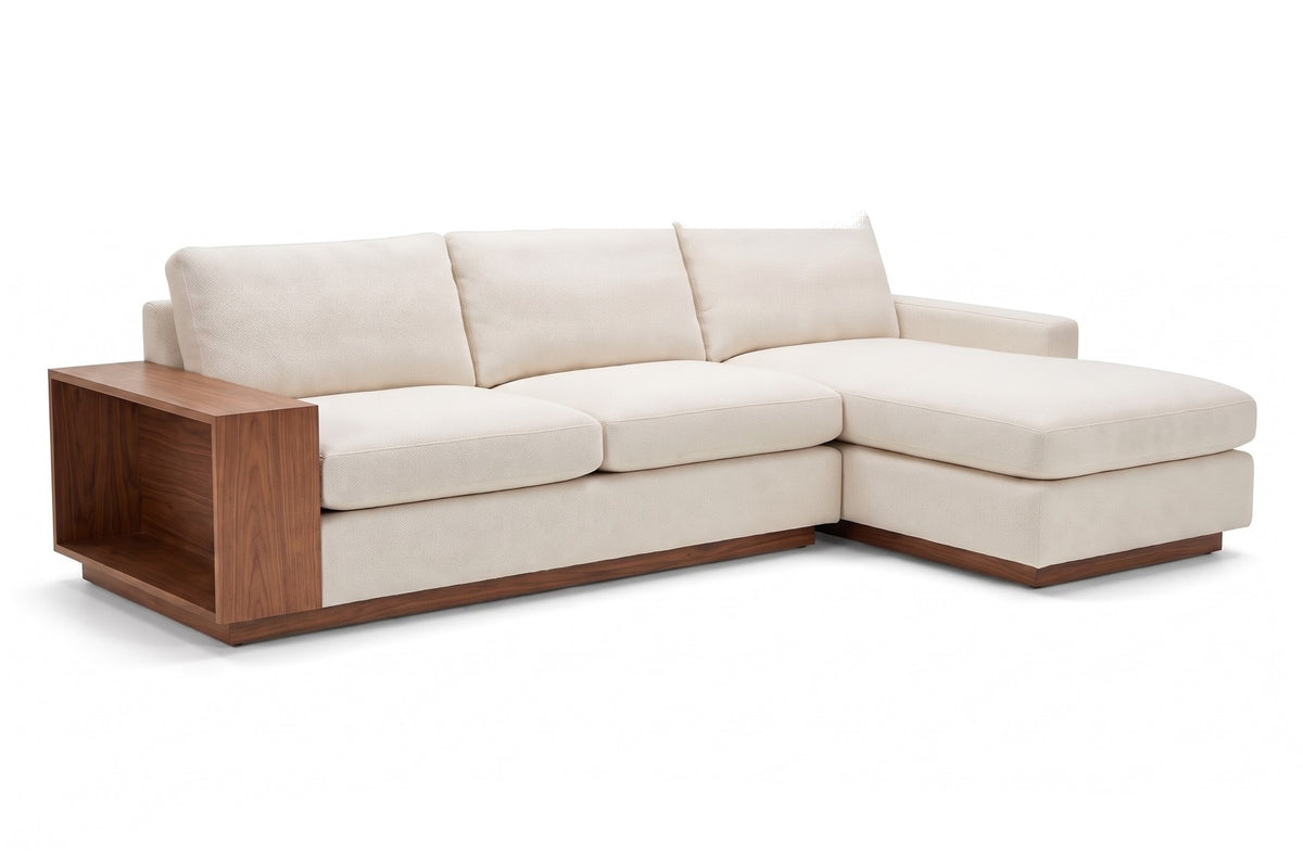 Biarritz 126" Low Chaise Sectional with Built-In Walnut Side Table – Right or Left Chaise