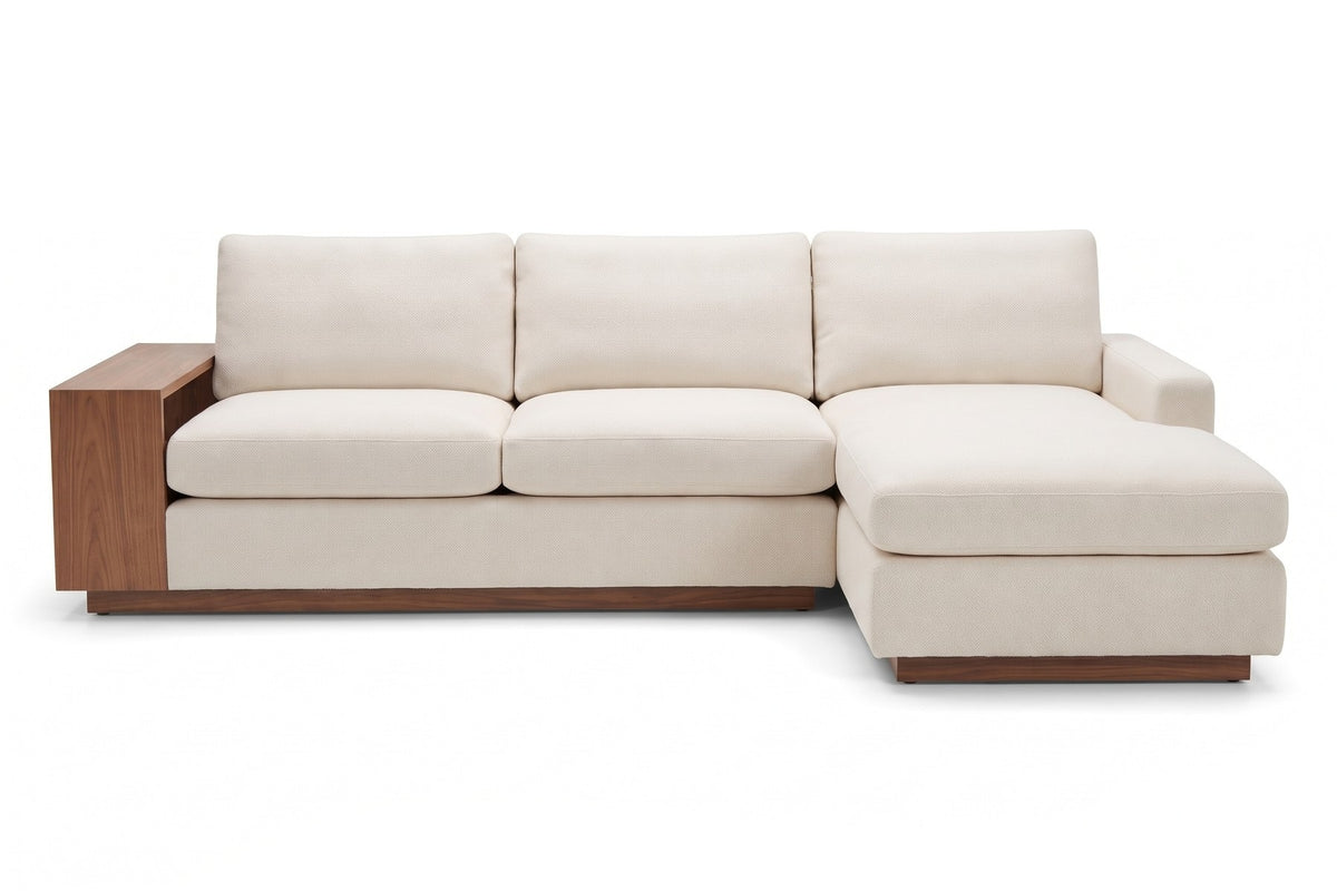 Biarritz 126" Low Chaise Sectional with Built-In Walnut Side Table – Right or Left Chaise