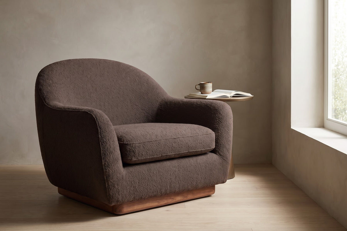 Biot Bouclé Lounge Chair – Sculpted Curved Shell, Low Walnut Plinth