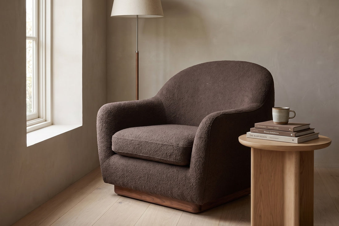 Biot Bouclé Lounge Chair in Espresso, in a living space