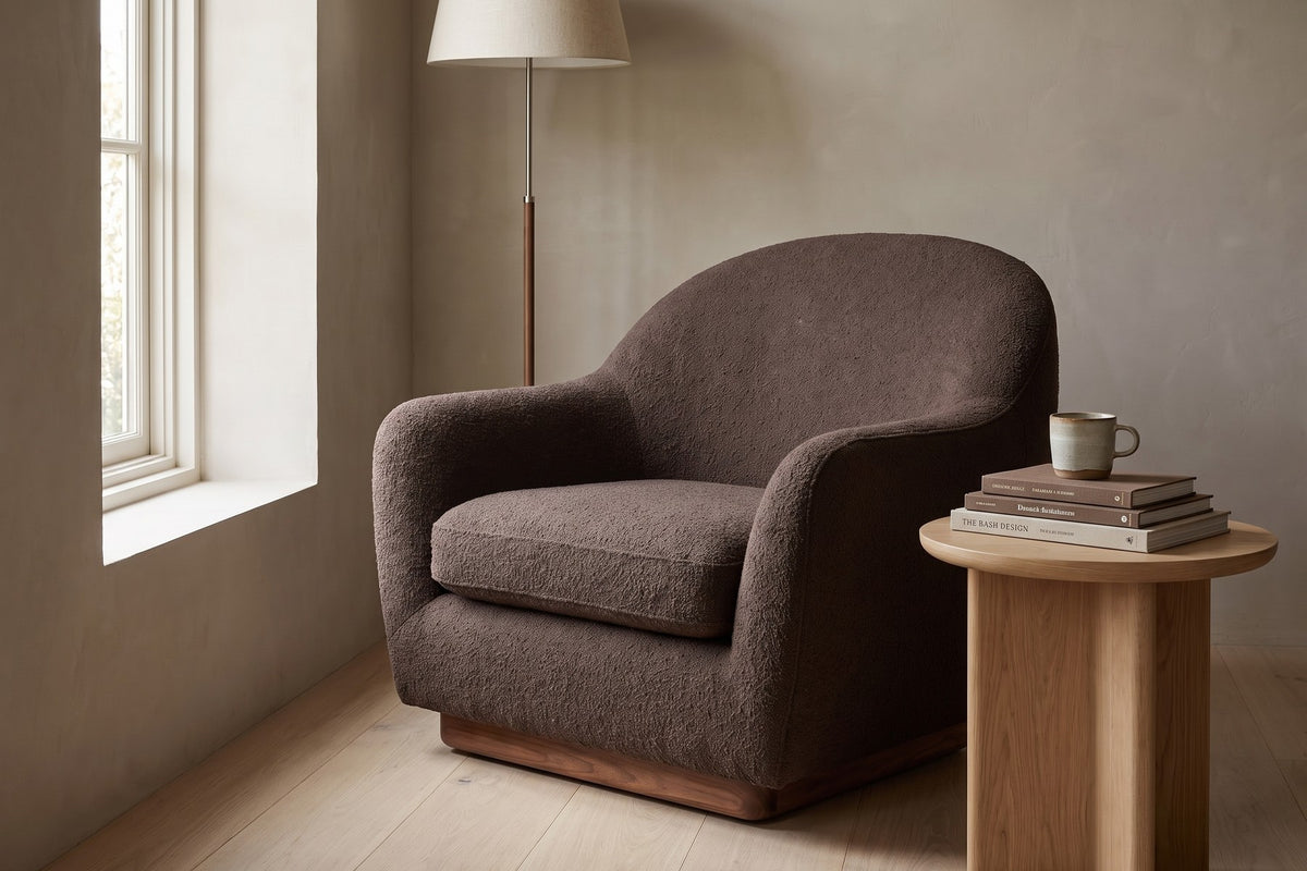 Biot Bouclé Lounge Chair – Sculpted Curved Shell, Low Walnut Plinth
