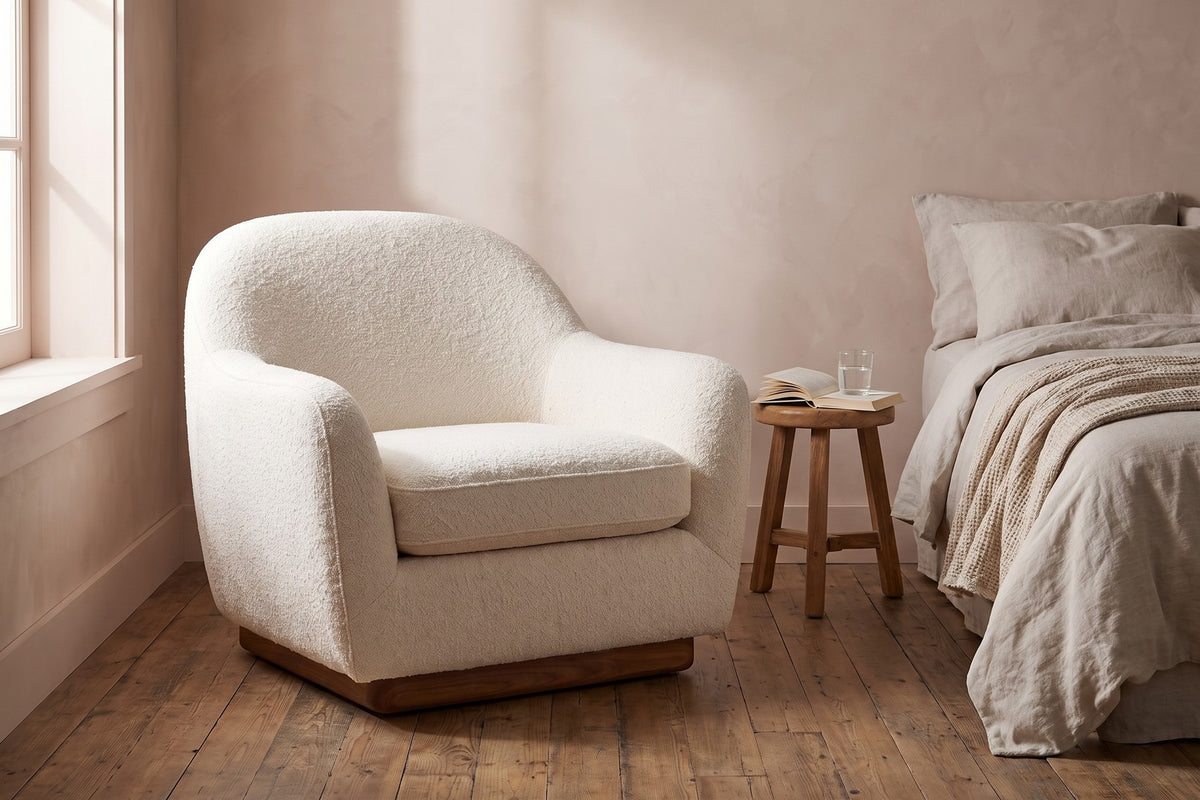 Biot Bouclé Lounge Chair – Sculpted Curved Shell, Low Walnut Plinth