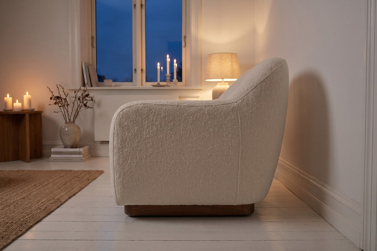 Biot Bouclé Lounge Chair – Sculpted Curved Shell, Low Walnut Plinth