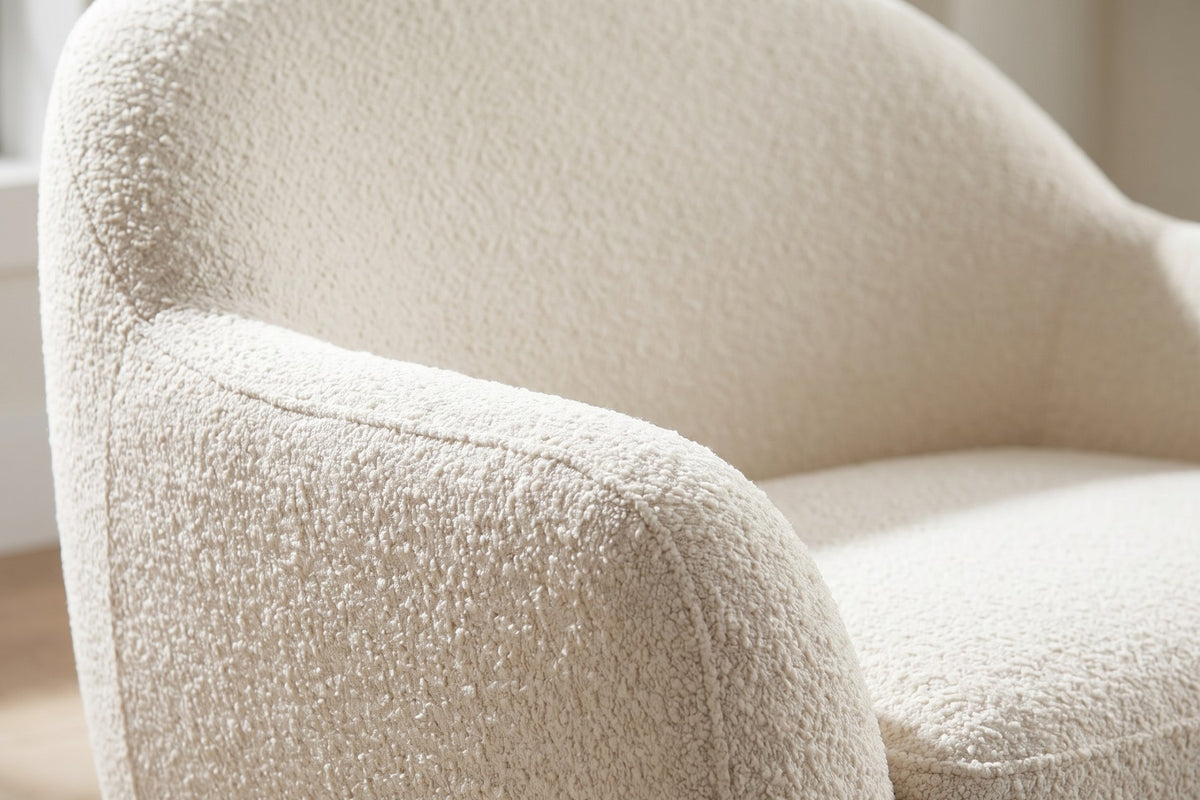 Biot Bouclé Lounge Chair – Sculpted Curved Shell, Low Walnut Plinth