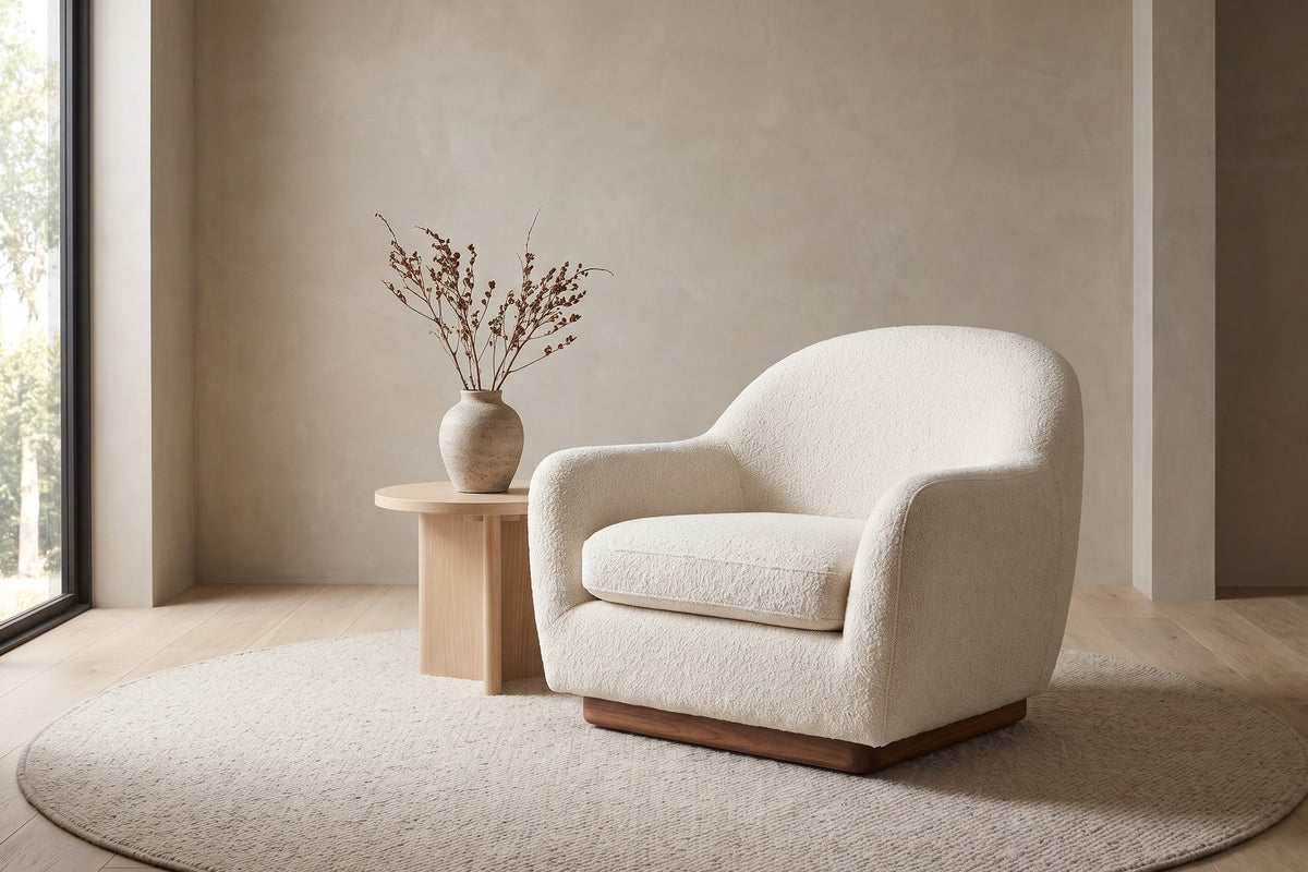 Biot Bouclé Lounge Chair – Sculpted Curved Shell, Low Walnut Plinth