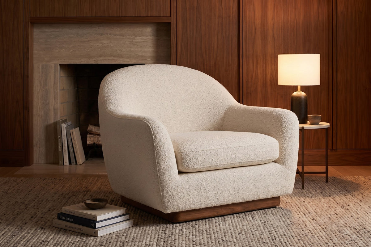 Biot Bouclé Lounge Chair – Sculpted Curved Shell, Low Walnut Plinth