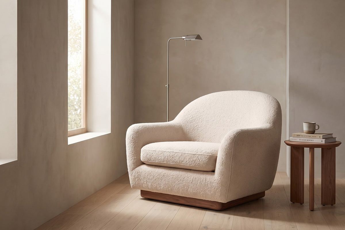 Biot Bouclé Lounge Chair – Sculpted Curved Shell, Low Walnut Plinth