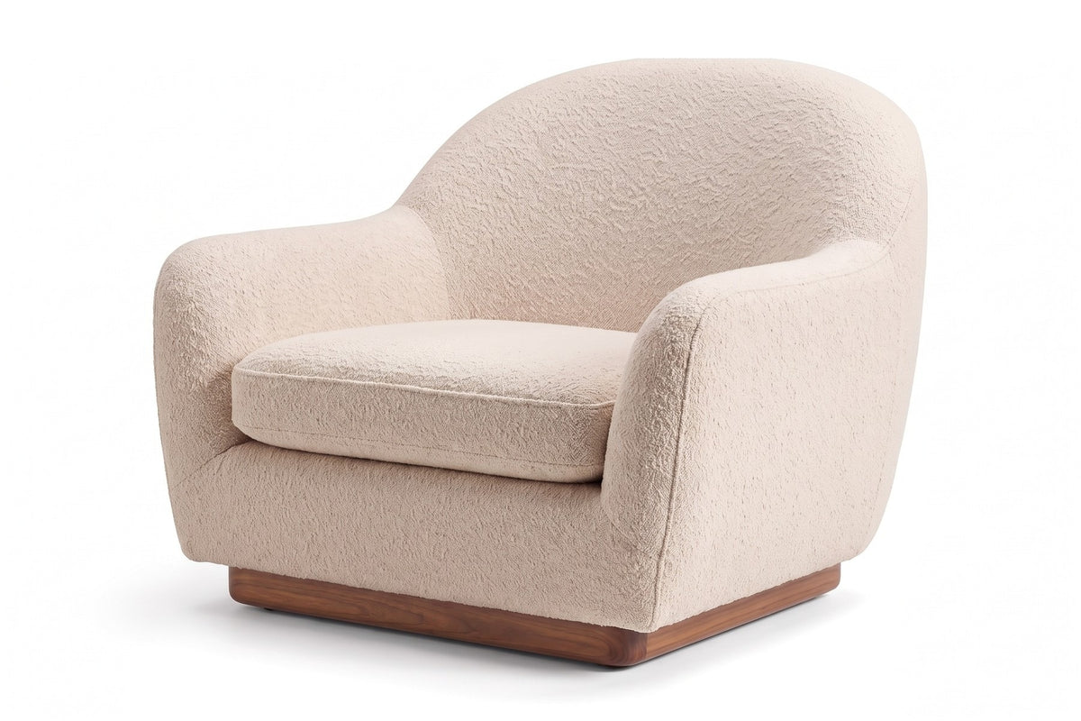 Biot Bouclé Lounge Chair – Sculpted Curved Shell, Low Walnut Plinth