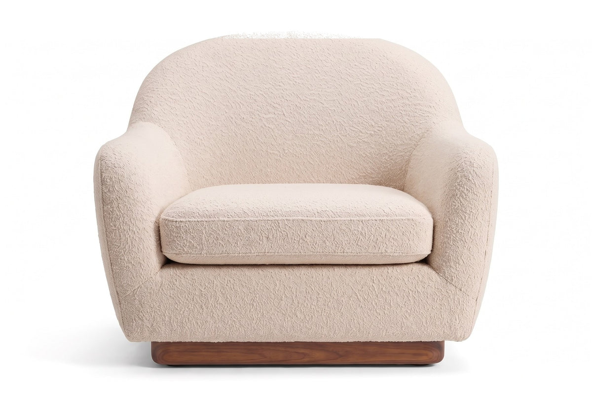Biot Bouclé Lounge Chair – Sculpted Curved Shell, Low Walnut Plinth
