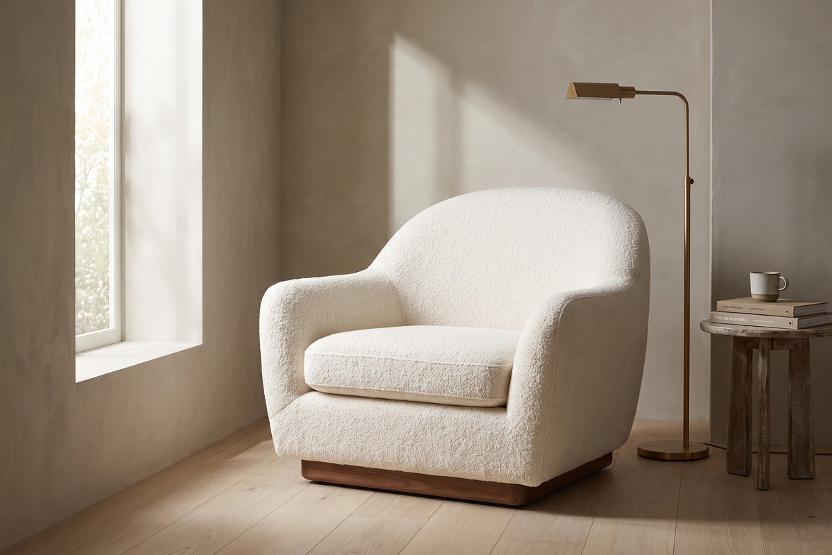 Biot Bouclé Lounge Chair – Sculpted Curved Shell, Low Walnut Plinth