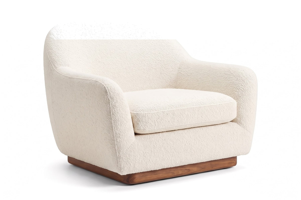 Biot Bouclé Lounge Chair – Sculpted Curved Shell, Low Walnut Plinth