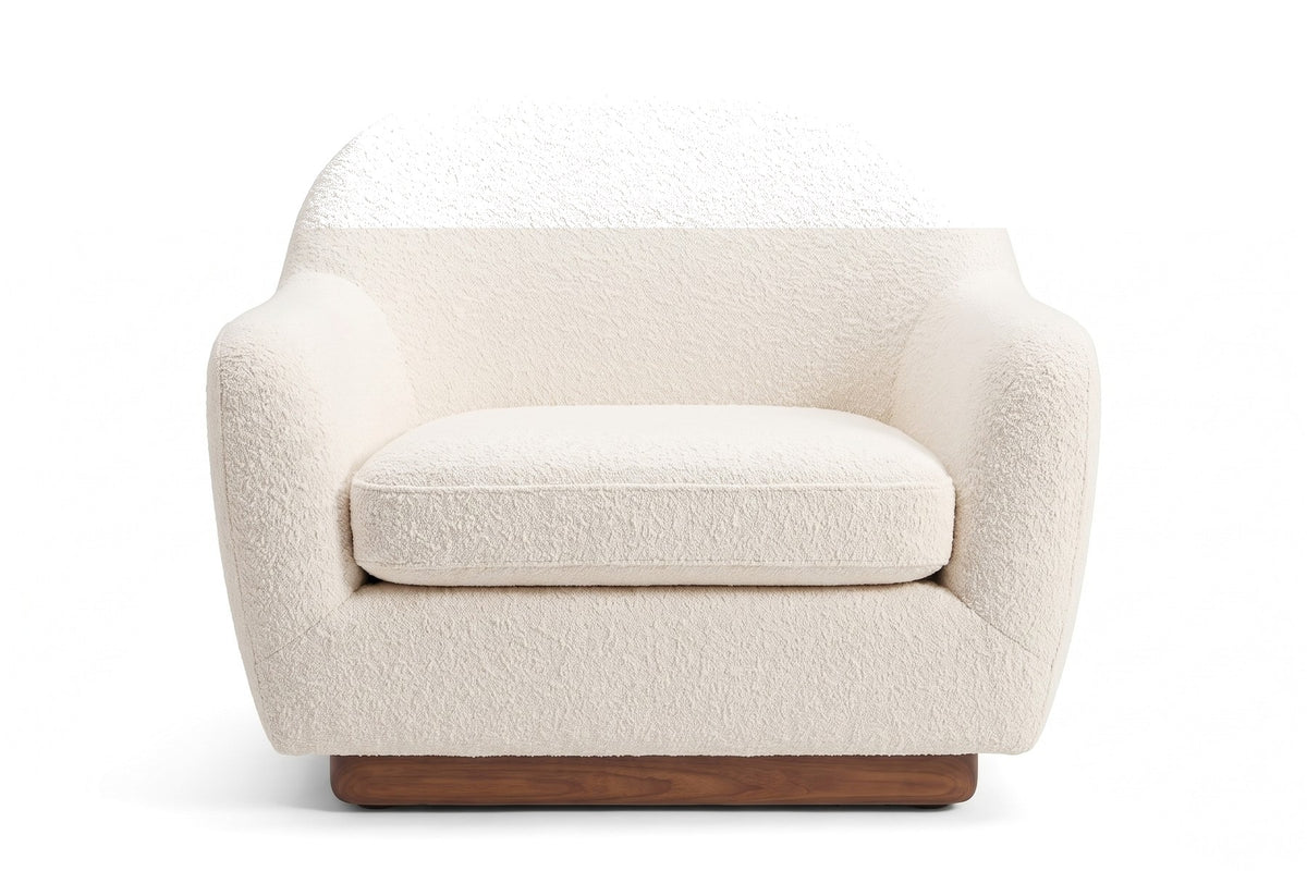 Biot Bouclé Lounge Chair – Sculpted Curved Shell, Low Walnut Plinth