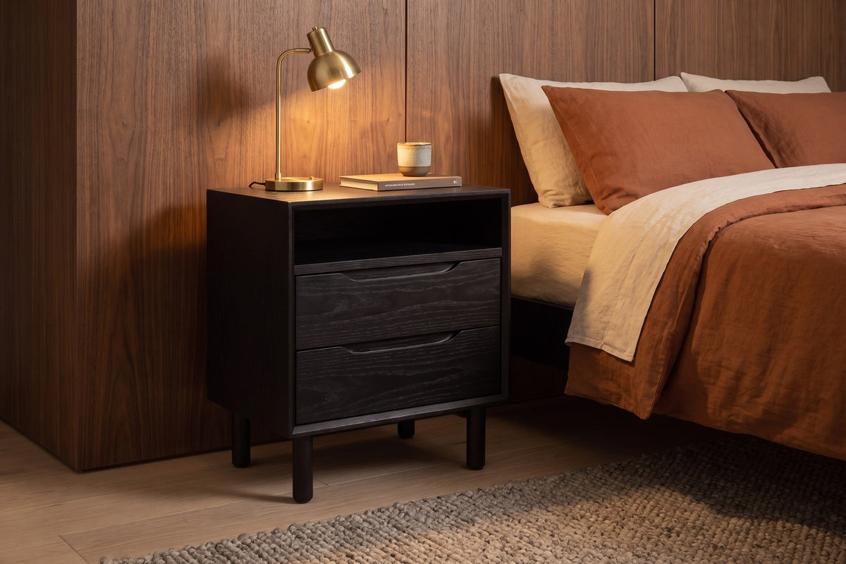 Bonnieux Nightstand in Black Oak, in a room setting