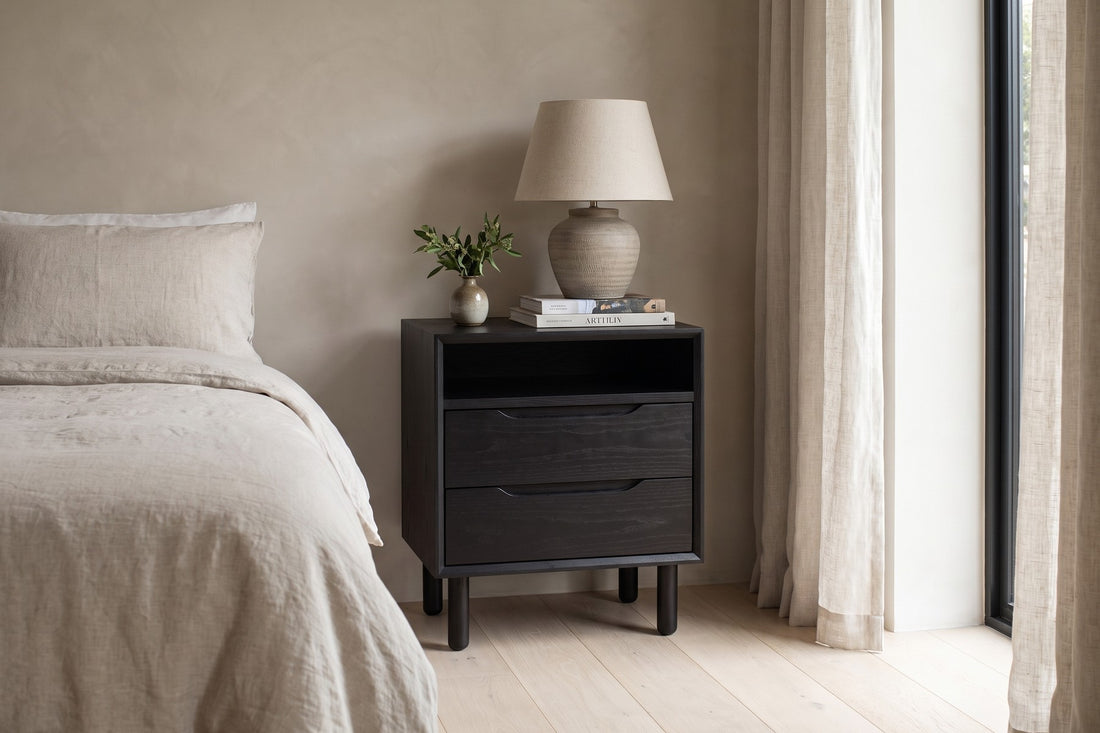 Bonnieux Nightstand in Black Oak, in a living space