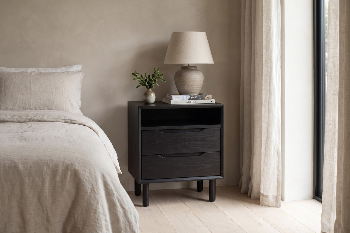 Bonnieux Nightstand in Black Oak, in a living space