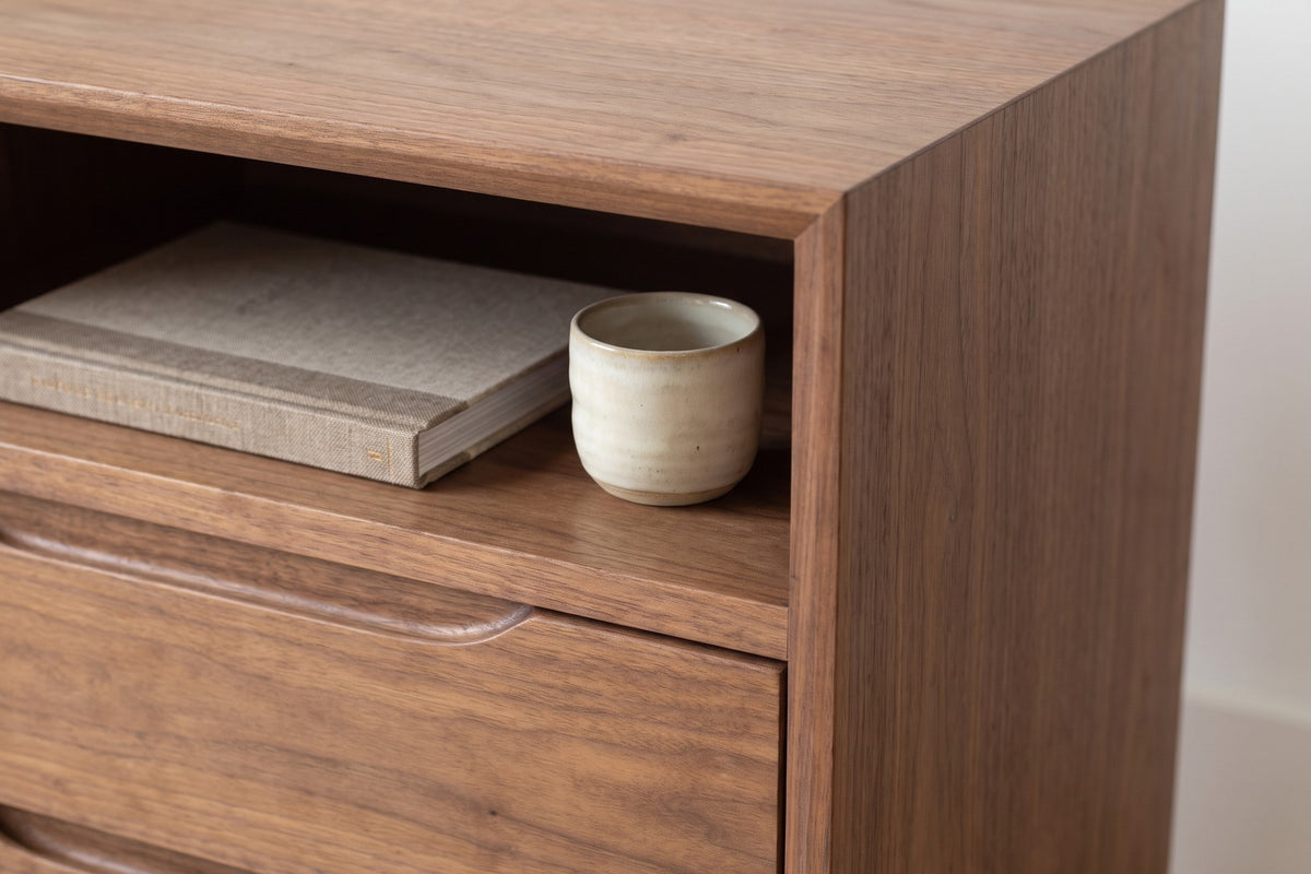 Bonnieux Solid Wood Nightstand – Open Shelf, Two Drawers, Walnut or Oak
