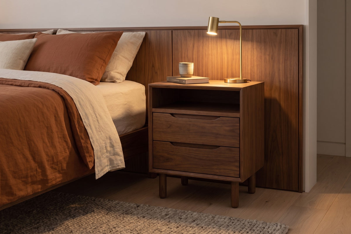 Bonnieux Solid Wood Nightstand – Open Shelf, Two Drawers, Walnut or Oak