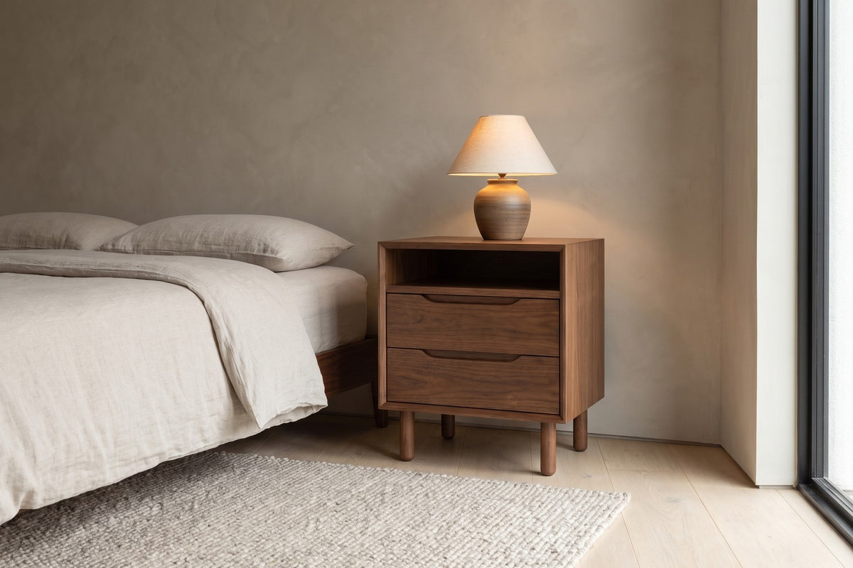 Bonnieux Solid Wood Nightstand – Open Shelf, Two Drawers, Walnut or Oak