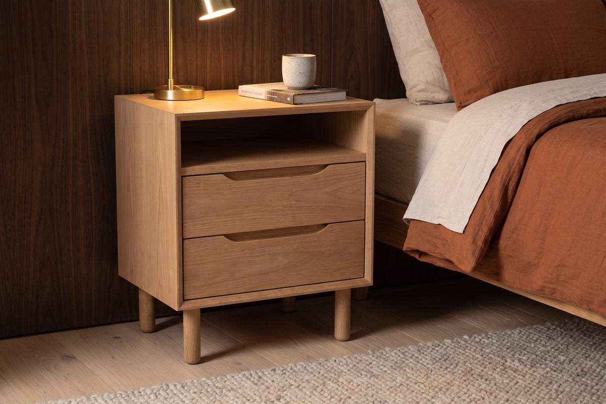 Bonnieux Solid Wood Nightstand – Open Shelf, Two Drawers, Walnut or Oak