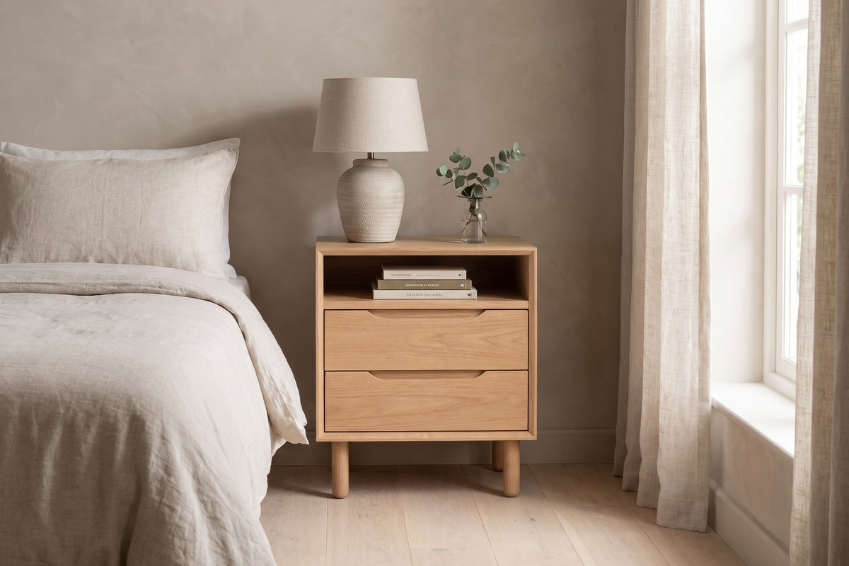 Bonnieux Solid Wood Nightstand – Open Shelf, Two Drawers, Walnut or Oak