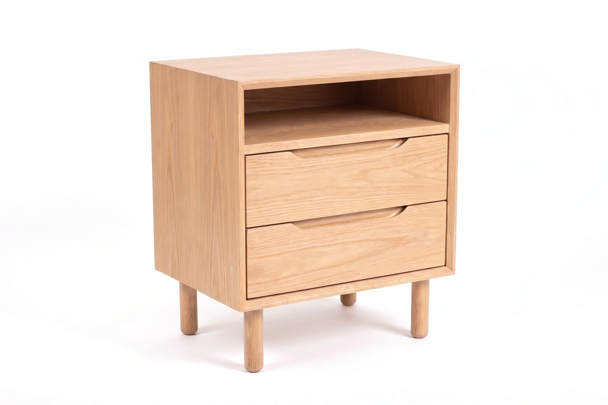 Bonnieux Solid Wood Nightstand – Open Shelf, Two Drawers, Walnut or Oak