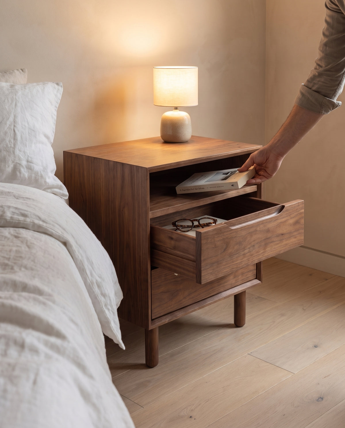 Bonnieux Walnut Nightstand in everyday use at home
