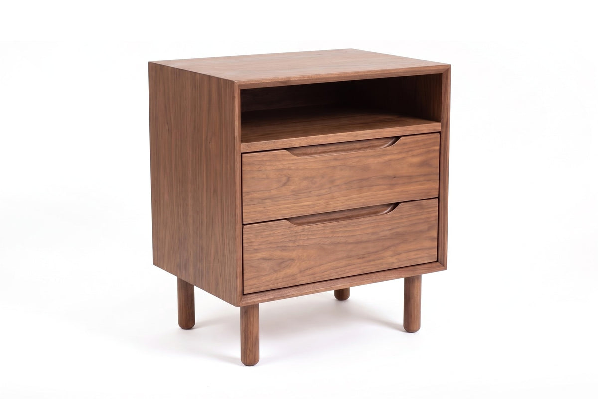 Bonnieux Solid Wood Nightstand – Open Shelf, Two Drawers, Walnut or Oak