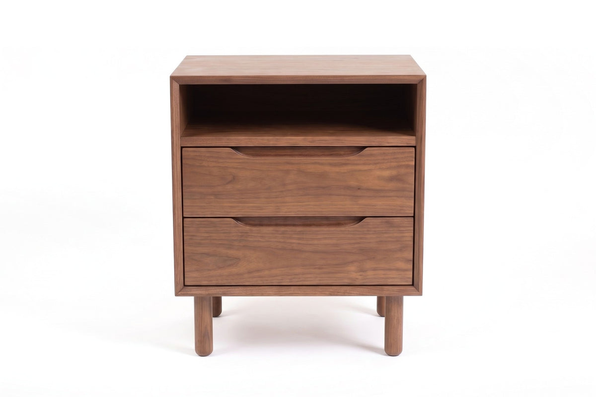 Bonnieux Solid Wood Nightstand – Open Shelf, Two Drawers, Walnut or Oak