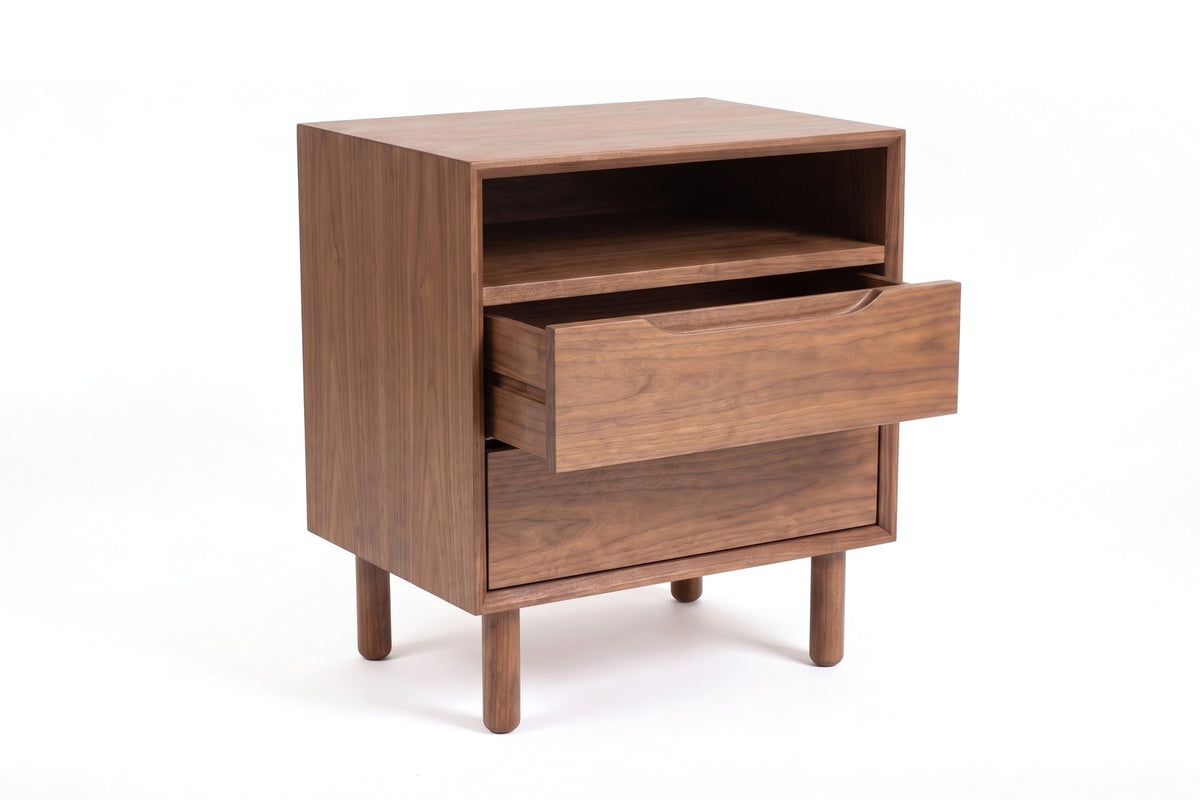 Bonnieux Solid Wood Nightstand – Open Shelf, Two Drawers, Walnut or Oak