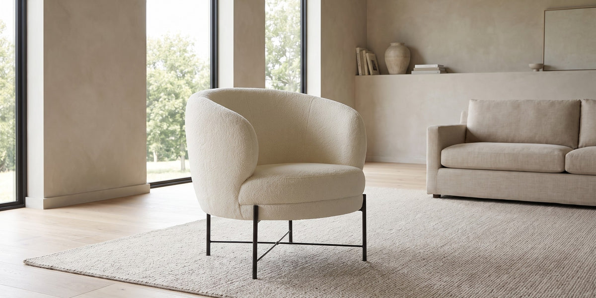 Camille sherpa barrel chair in a wide, calm living room