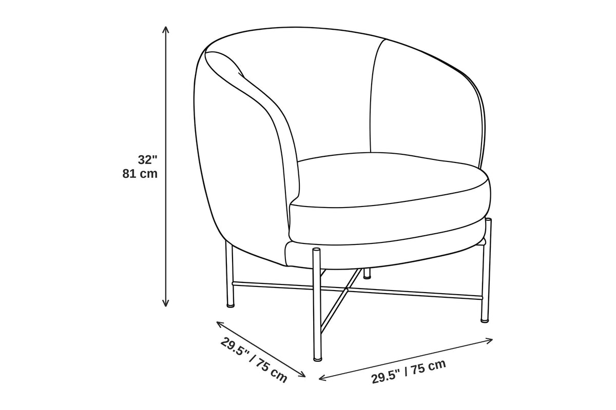 Camille accent chair dimensions: 29.5 in wide, 29.5 in deep, 32 in high