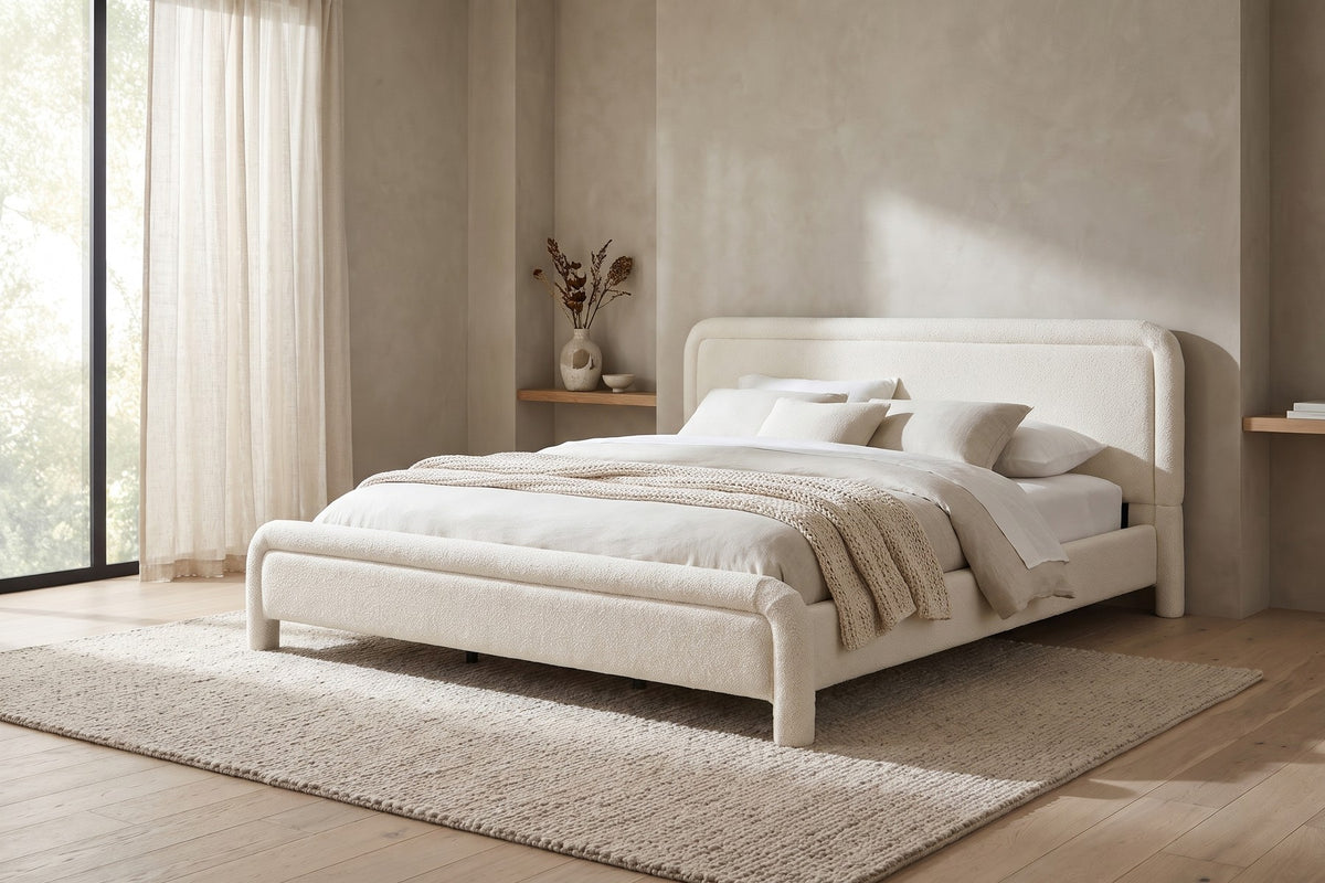 Capucine Bouclé Platform Bed – White, Rounded Rolled Frame, King