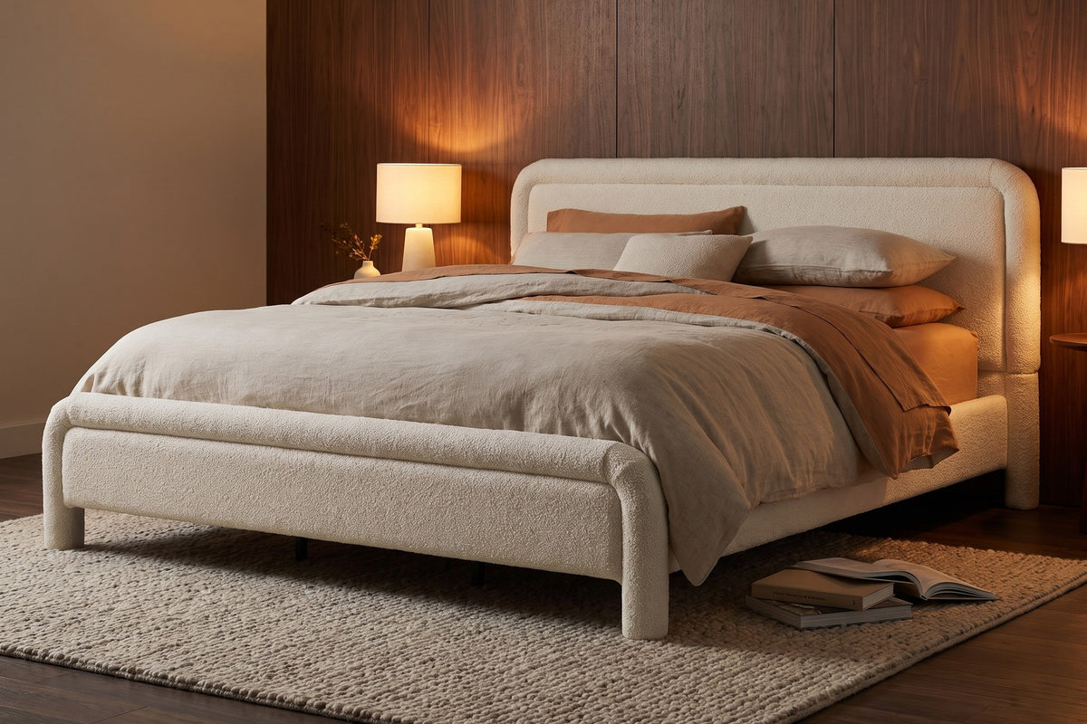 Capucine Bouclé Platform Bed – White, Rounded Rolled Frame, King