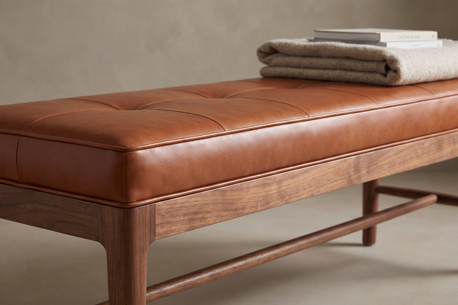 Carnac Cognac Leather and Walnut Bench detail