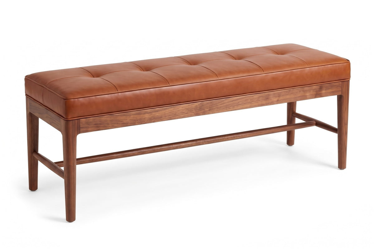 Carnac Cognac Leather and Walnut Bench on white