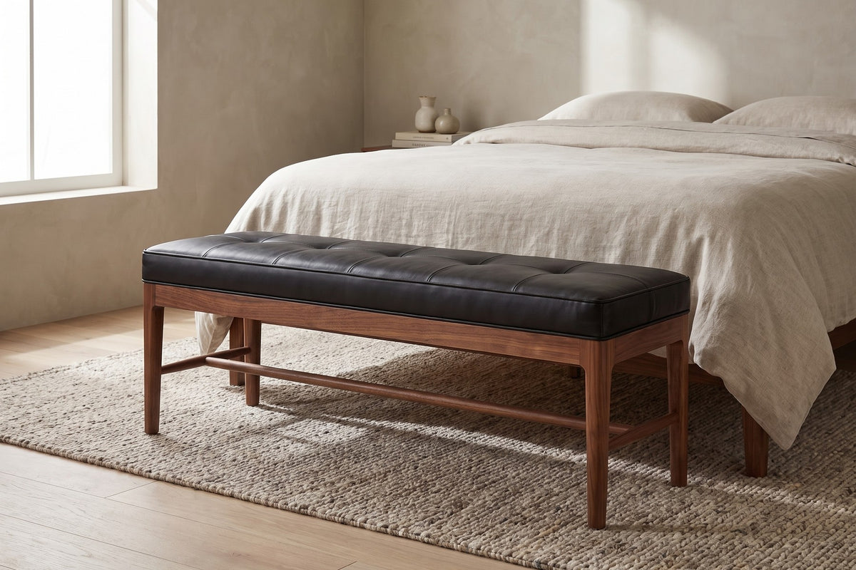 Carnac Leather and Walnut Bench in Black, in a living space