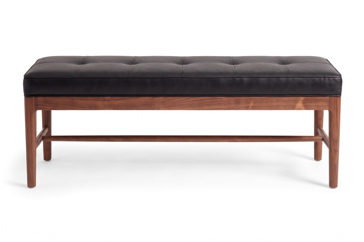 Carnac 56" Leather Bench – Grid-Stitched Top, Solid Walnut Frame