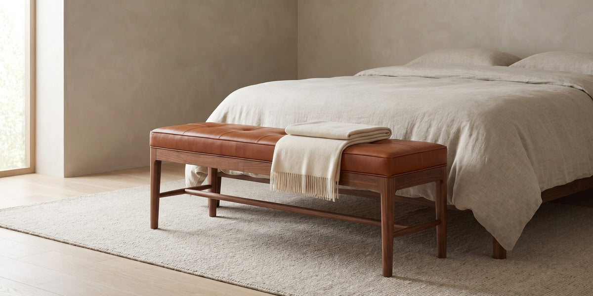 Carnac Cognac Leather and Walnut Bench banner