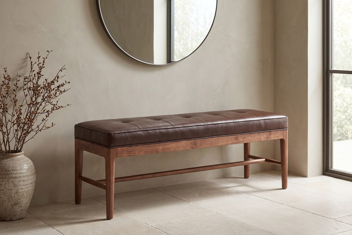 Carnac Leather and Walnut Bench in Chocolate, in a room setting