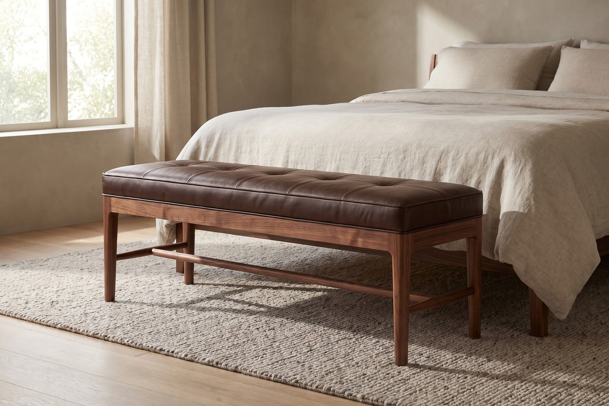 Carnac Leather and Walnut Bench in Chocolate, in a living space