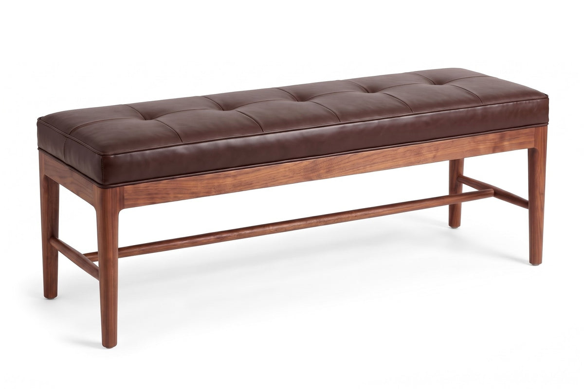 Carnac Leather and Walnut Bench in Chocolate, three-quarter view on white