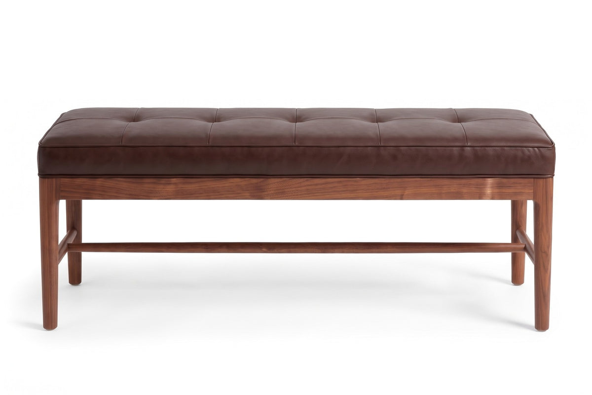 Carnac Leather and Walnut Bench in Chocolate, front view on white
