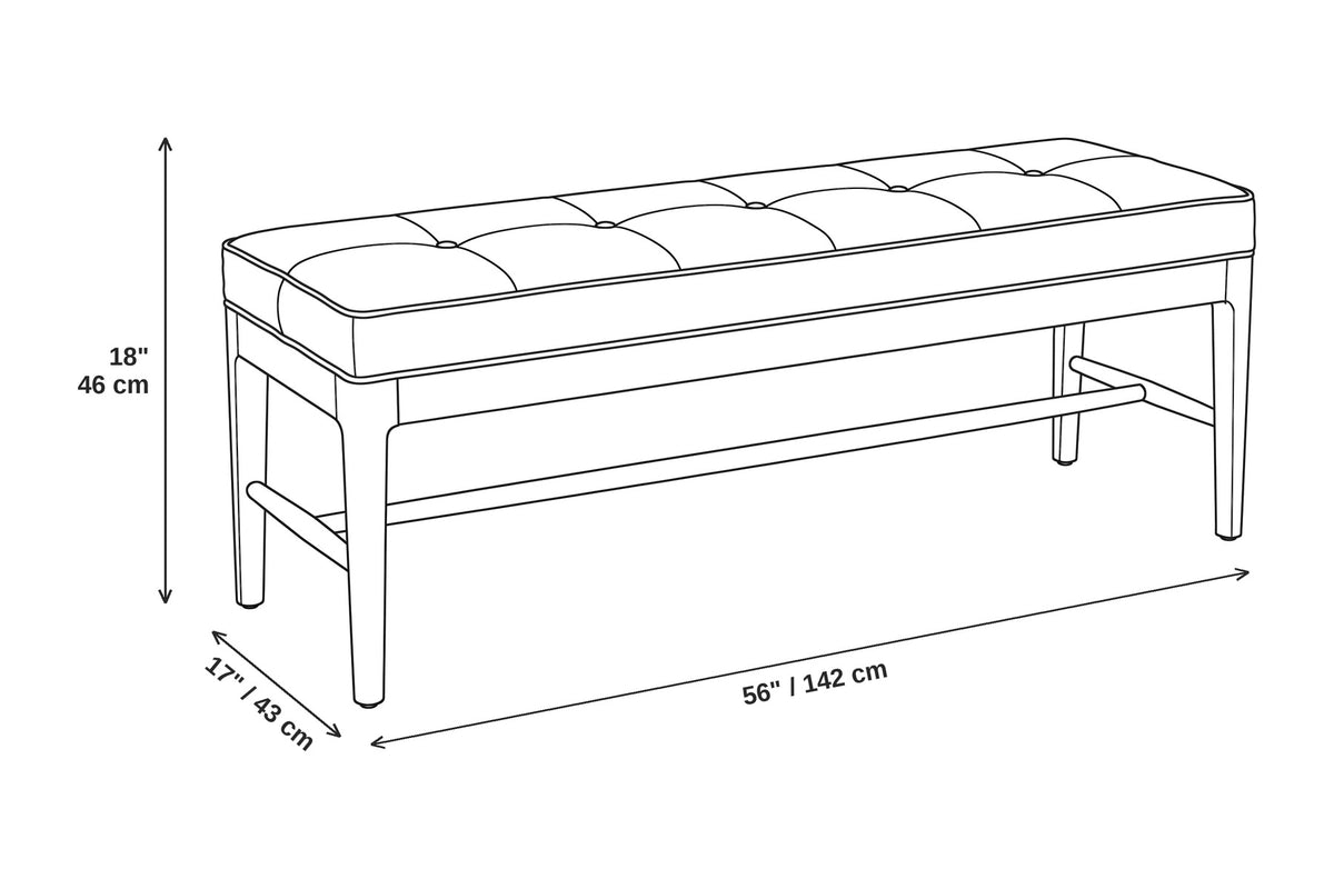 Carnac 56" Leather Bench – Grid-Stitched Top, Solid Walnut Frame