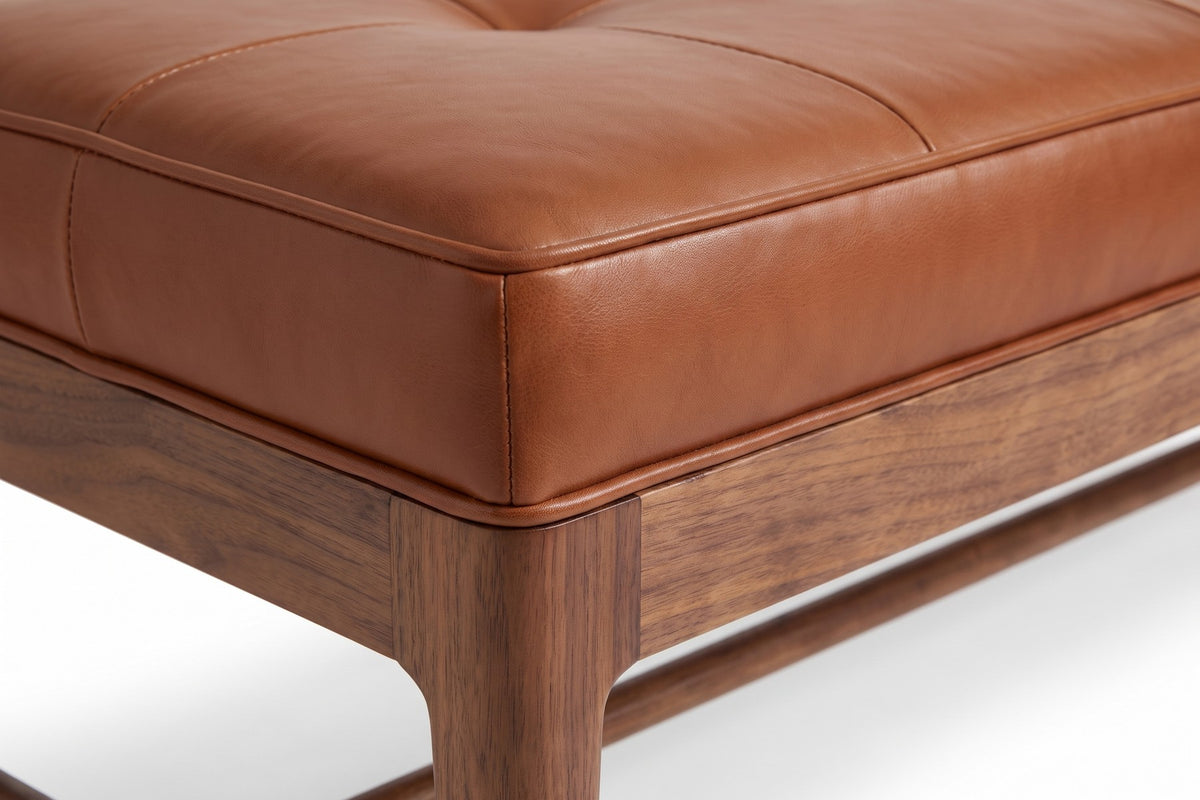 Carnac 56" Leather Bench – Grid-Stitched Top, Solid Walnut Frame