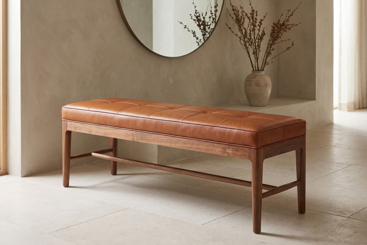 Carnac Cognac Leather and Walnut Bench styled in a room