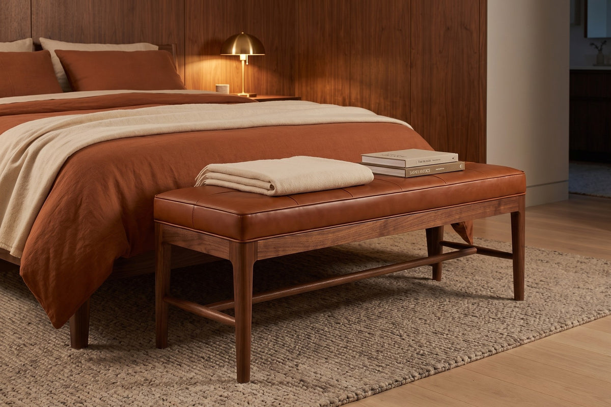 Carnac 56" Leather Bench – Grid-Stitched Top, Solid Walnut Frame