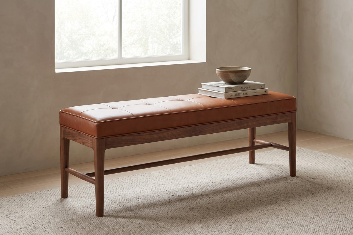 Carnac 56" Leather Bench – Grid-Stitched Top, Solid Walnut Frame